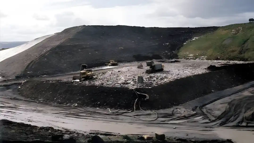 Active landfill cell filling with concrete manhole leachate extraction tower in foreground. Active landfill cell filling with concrete manhole leachate extraction tower in foreground.