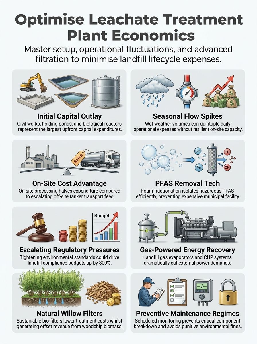 Infographic showing Leachate Treatment Plant Pricing: Setup, Operating, and Long-Term Costs Explained.